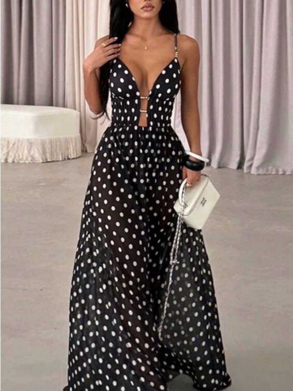 Black Polka Dot Maxi Dress with Spaghetti Straps